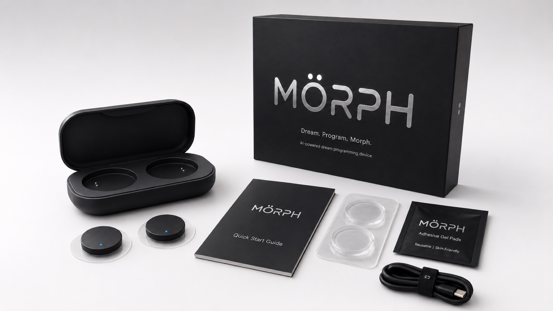 MÖRPH kit with charging case, guide, gel pads, and cable